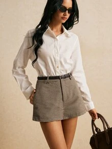 Poéselle 女款高腰格紋迷你裙 復古學院風休閒格紋裙褲 時髦A字裙 夏季黑色格紋 教師節 校園職場穿搭 - 卡其色 - 查看 2