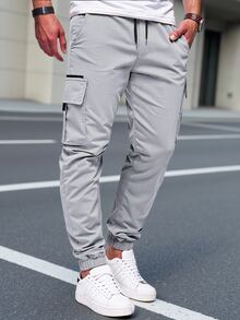 Manfinity CasualCool 男士成熟街頭風休閒淺灰色多口袋工裝束口長褲，適合居家、約會之夜、秋季穿著 - 淺灰色 - 查看 3