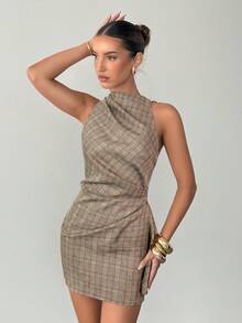 Siren Gaze Luxury Elegant Preppy Plaid Dress Halter Ruched Wrap Mini Dresses Summer Back-To-School Casual Going Out Date Birthday Brown Plaid - Multicolor - View 4