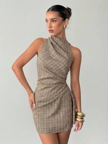 Siren Gaze Luxury Elegant Preppy Plaid Dress Halter Ruched Wrap Mini Dresses Summer Back-To-School Casual Going Out Date Birthday Brown Plaid - Multicolor - View 6