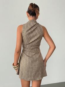 Siren Gaze Luxury Elegant Preppy Plaid Dress Halter Ruched Wrap Mini Dresses Summer Back-To-School Casual Going Out Date Birthday Brown Plaid - Multicolor - View 5