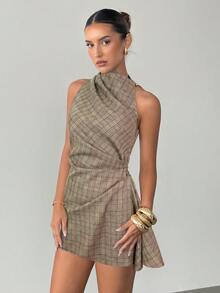 Siren Gaze Luxury Elegant Preppy Plaid Dress Halter Ruched Wrap Mini Dresses Summer Back-To-School Casual Going Out Date Birthday Brown Plaid - Multicolor - View 3