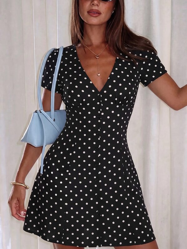 Poéselle Women's 1960s Vintage Black And White Polka Dot Wrap Mini Dress,Summer Short-Sleeve V-Neck A-Line Sundress For Brunch,Date Night & Party Outfit