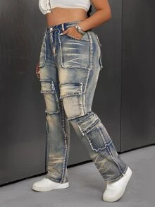 SHEIN ICON Plus Size Two-Tone Pocket Retro American Workwear Denim Jeans - Blue - View 6