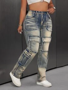 SHEIN ICON Plus Size Two-Tone Pocket Retro American Workwear Denim Jeans - Blue - View 4