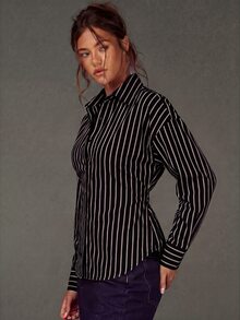 Athîral 女款休閒條紋綁腰長袖襯衫 - 黑色 - 查看 2
