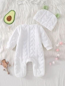 SHEIN Setelan Bayi Baru Lahir Putih Minimalis Modis Motif Beruang Lucu Lengan Panjang Romper dan Topi 2 Potong Pakaian Santai Musim Gugur Musim Dingin - Putih - View 3