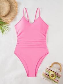 SHEIN Swim 女士纯色露背吊带连体泳衣，适合海滩/度假 - 粉色 - 查看 6