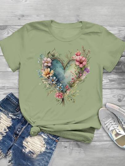 INAWLY Women T-Shirts Hewan Bunga Hati Plants Casual