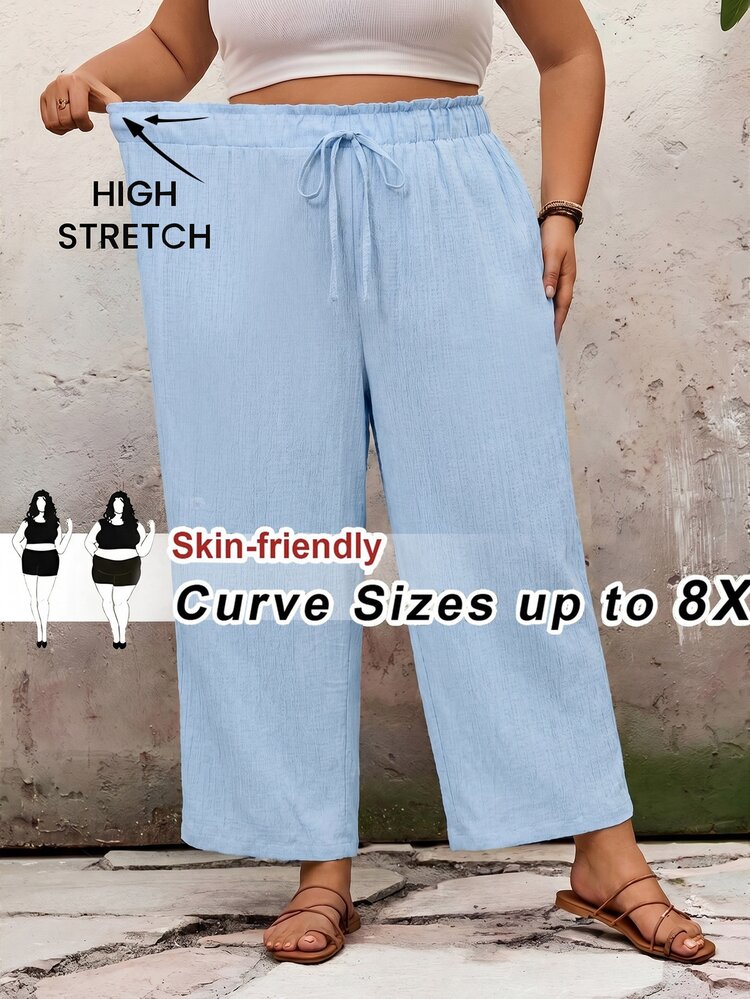 SHEIN CURVE+ Pantalones largos de talla grande, casuales, de unicolor, ajuste holgado, para verano/campo/vacaciones en la playa/atuendos de playa/ropa de playa - Celeste - Añade 7