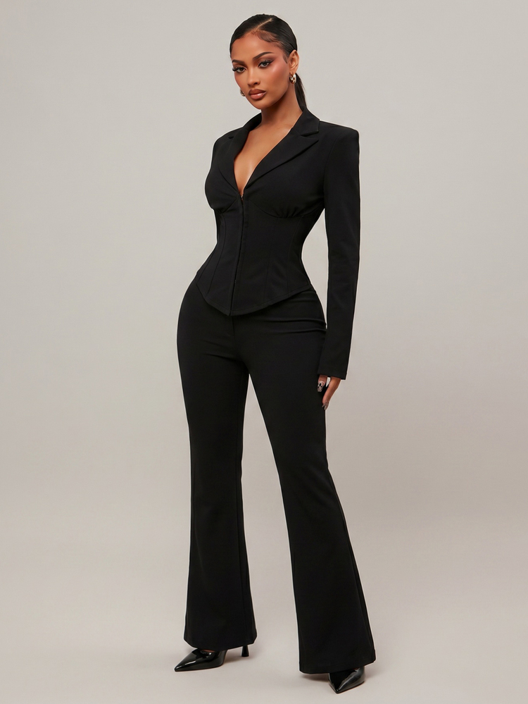 Radiana Women's Sexy Elegant Blue And Black Striped Contrast Suit Set, Waist-Defining Blazer + Low-Waist V-Waistband Flare Pants 2-Piece Set, Fashion Casual Business Women's Clothing, Commuter Suit, Professional Attire, Office Wear, Suitable For Daily Outings, Dates, Gatherings, Formal Occasions - Black - View 2