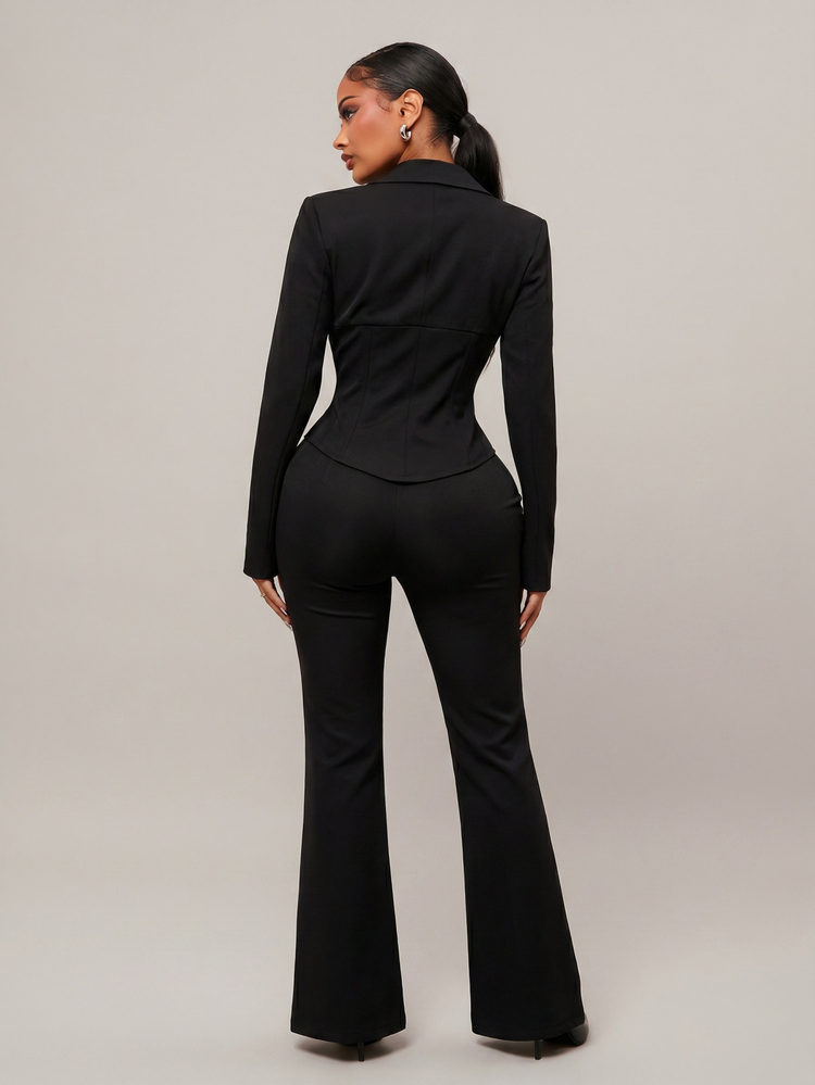 Radiana Women's Sexy Elegant Blue And Black Striped Contrast Suit Set, Waist-Defining Blazer + Low-Waist V-Waistband Flare Pants 2-Piece Set, Fashion Casual Business Women's Clothing, Commuter Suit, Professional Attire, Office Wear, Suitable For Daily Outings, Dates, Gatherings, Formal Occasions - Black - View 3