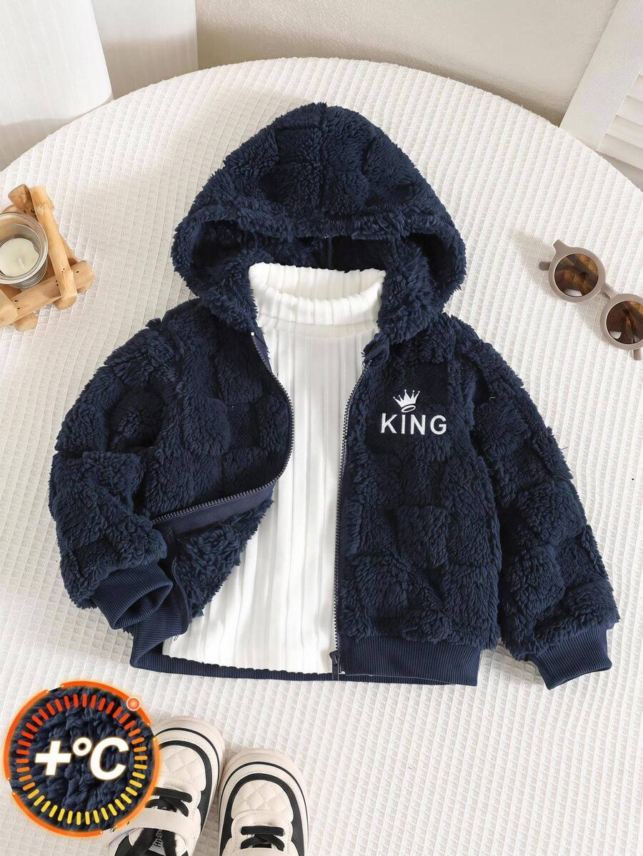 SHEIN Babyboy Autumn/Winter Cute Versatile Navy Blue Plaid Fuzzy Embroidered Pattern Hooded Jacket, Infant/Toddler Fleece Jacket Coat - Multicolor - View 1