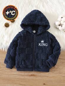 SHEIN Babyboy Autumn/Winter Cute Versatile Navy Blue Plaid Fuzzy Embroidered Pattern Hooded Jacket, Infant/Toddler Fleece Jacket Coat - Multicolor - View 3