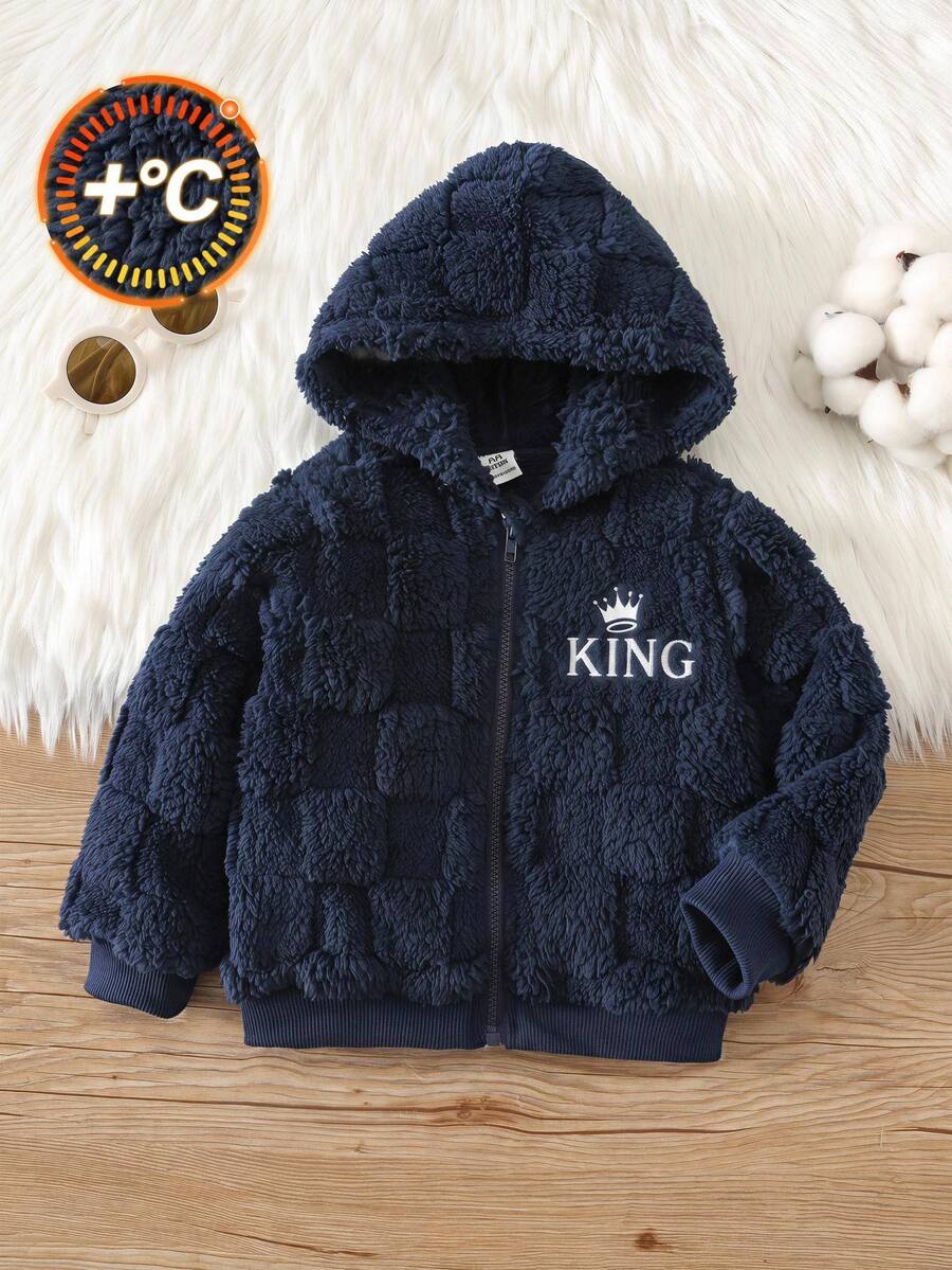 SHEIN Jaket Bayi Laki-laki Musim Gugur/Dingin yang Lucu dan Serbaguna dengan Motif Kotak-kotak Biru Tua Berbulu dan Bordir, Jaket Bulu untuk Bayi/Balita - MultiWarna - View 1