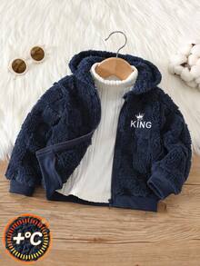 SHEIN Babyboy Autumn/Winter Cute Versatile Navy Blue Plaid Fuzzy Embroidered Pattern Hooded Jacket, Infant/Toddler Fleece Jacket Coat - Multicolor - View 4