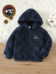 SHEIN Babyboy Autumn/Winter Cute Versatile Navy Blue Plaid Fuzzy Embroidered Pattern Hooded Jacket, Infant/Toddler Fleece Jacket Coat - Multicolor - View 6