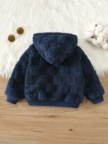 SHEIN Babyboy Autumn/Winter Cute Versatile Navy Blue Plaid Fuzzy Embroidered Pattern Hooded Jacket, Infant/Toddler Fleece Jacket Coat - Multicolor - View 2
