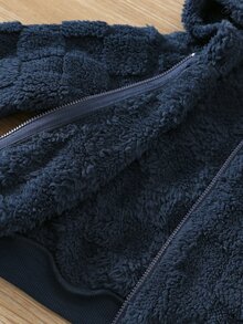 SHEIN Babyboy Autumn/Winter Cute Versatile Navy Blue Plaid Fuzzy Embroidered Pattern Hooded Jacket, Infant/Toddler Fleece Jacket Coat - Multicolor - View 5