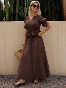 DAZY 女款蕾絲寬鬆收腰上衣與中長裙兩件套 夏季居家休閒套裝 - 咖啡棕 - 查看 5