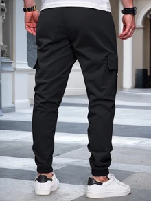 Manfinity CasualCool 男士成熟休閒黑色多口袋工裝束口休閒褲 - 黑色 - 查看 2