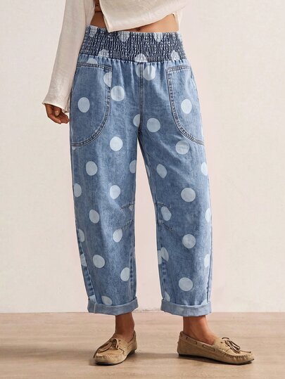 Bohemela Summer/Fall Vacation | Women's Casual Boho Vintage Woven Denim Polka Dot Print Long Pants | Daily Wear, Beach, Country Concert Party