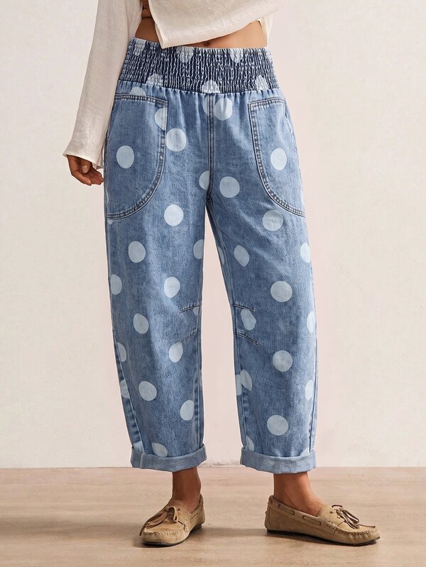 Bohemela Summer/Fall Vacation | Women's Casual Boho Vintage Woven Denim Polka Dot Print Long Pants | Daily Wear, Beach, Country Concert Party