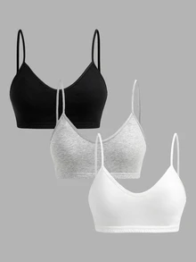 SHEIN Girlism 兒童青少年女孩黑白灰 3 件組多件套裝，簡約 V 領細肩帶背心、墊肩內衣與工字背內褲套組，舒適純色，春夏穿著，Clean Girl/美式風格，青少年女孩 - 彩色 - 查看 3