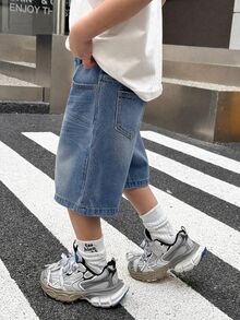 SHEIN 男嬰城市街頭酷感石洗復古貓鬍鬚寬鬆大廓形百慕大藍色牛仔長短褲，百搭休閒，適合春夏、街頭風、鄉村風、度假 - 中等水洗藍 - 查看 5