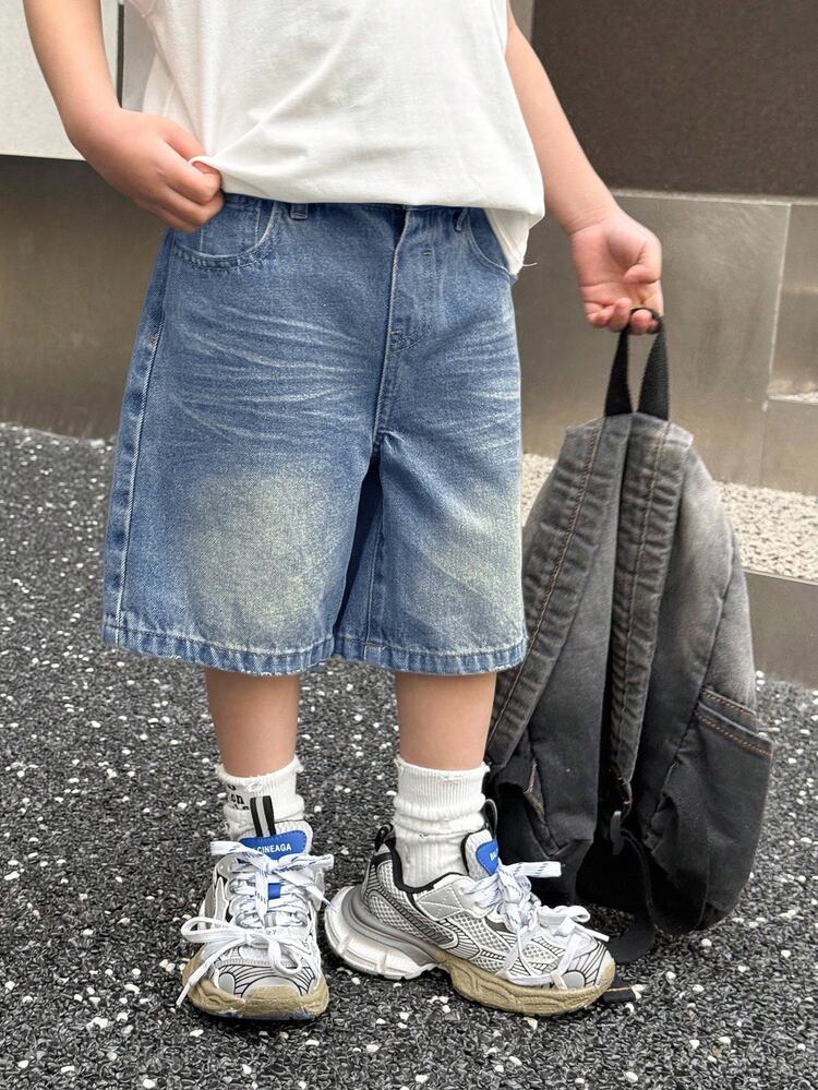 SHEIN Celana Pendek Denim Biru Bermuda Longgar Model Bermuda Gaya Urban Street Keren untuk Bayi Laki-laki, Serbaguna dan Kasual Musim Semi/Panas, Streetwear, Country, Liburan - Medium Wash - View 4