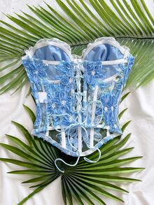 Soleia 女款春夏浪漫度假風雛菊刺繡紋理印花3D花飾緊身胸衣上衣，休閒約會情人節下午茶公路旅行城市度假音樂節派對波希米亞風，可當內搭或外穿，適合四季日常通勤 - 藍色 - 查看 2