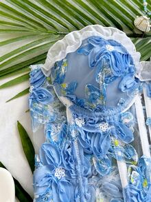 Soleia 女款春夏浪漫度假風雛菊刺繡紋理印花3D花飾緊身胸衣上衣，休閒約會情人節下午茶公路旅行城市度假音樂節派對波希米亞風，可當內搭或外穿，適合四季日常通勤 - 藍色 - 查看 3