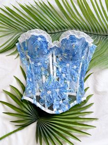 Soleia 女款春夏浪漫度假風雛菊刺繡紋理印花3D花飾緊身胸衣上衣，休閒約會情人節下午茶公路旅行城市度假音樂節派對波希米亞風，可當內搭或外穿，適合四季日常通勤 - 藍色 - 查看 6