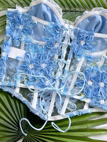 Soleia 女款春夏浪漫度假風雛菊刺繡紋理印花3D花飾緊身胸衣上衣，休閒約會情人節下午茶公路旅行城市度假音樂節派對波希米亞風，可當內搭或外穿，適合四季日常通勤 - 藍色 - 查看 5
