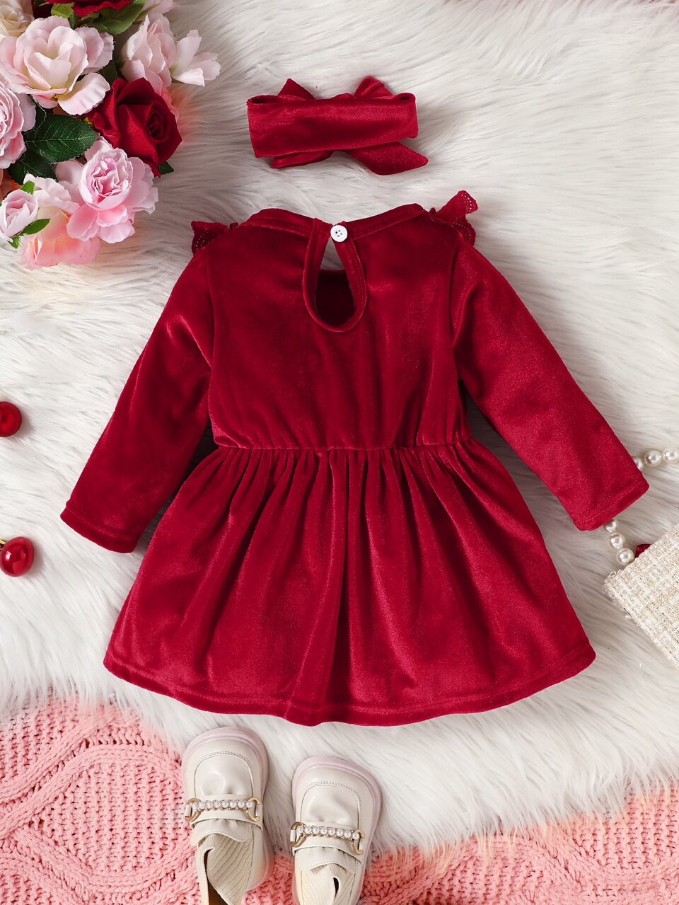 Toddler Girls Velvet Ruffle Long Sleeve Dress With Big Bow Headband Set, Elegant Christmas Party Holiday Casual Outfit