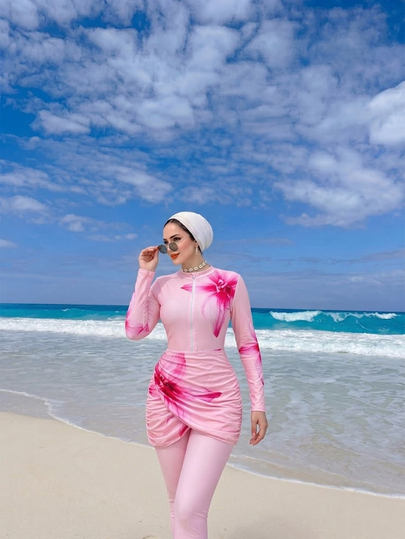 Swim Shayni Spring Break Beach Outfits For Women, Multi-Color Gradient Modest Full-Body 3 Pieces Swimsuit Set, Middle Eastern Style Bathing Suits