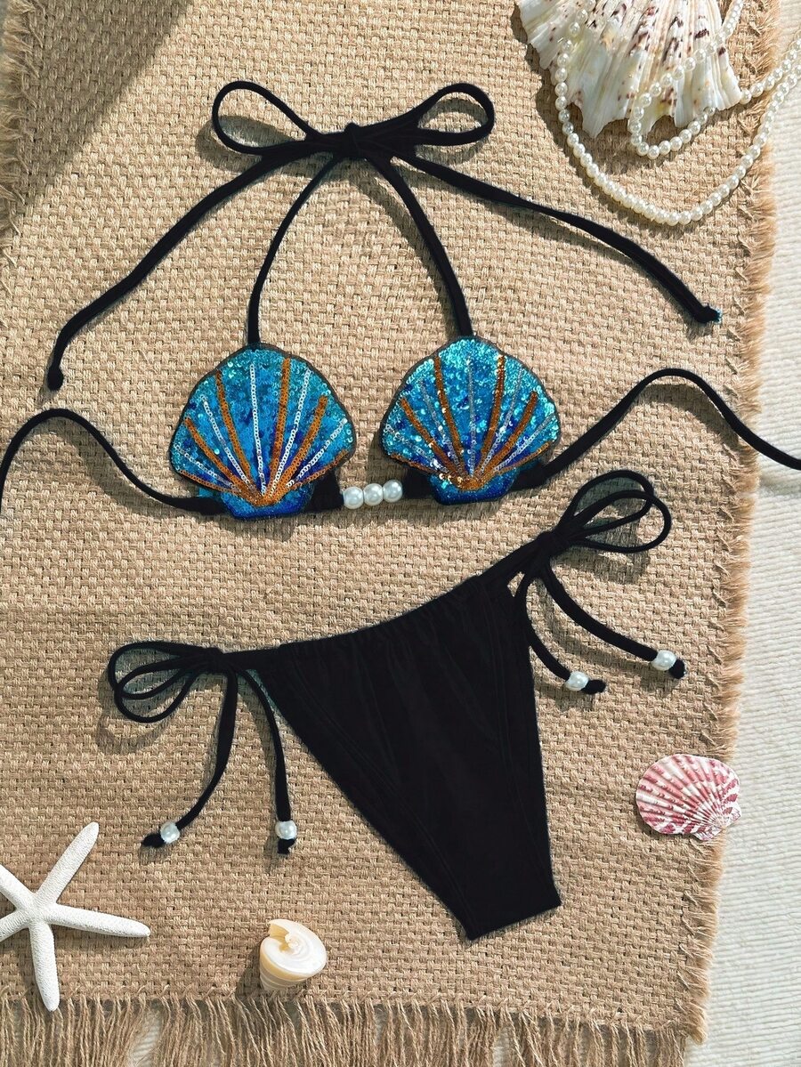 SHEIN Swim Bộ đồ bơi 2 mảnh gợi cảm mùa hè cho nữ, cúp đúc vỏ sò trang trí ngọc trai vải bóng màu trơn buộc phía trước bikini hình tam giác - màu đen - Xem 1