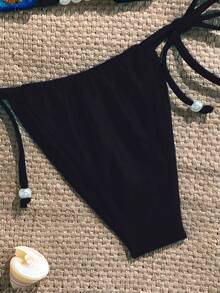SHEIN Swim Bộ đồ bơi 2 mảnh gợi cảm mùa hè cho nữ, cúp đúc vỏ sò trang trí ngọc trai vải bóng màu trơn buộc phía trước bikini hình tam giác - màu đen - Xem 4