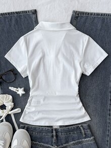 Tween Girl Printed Knit White Polo Collar Casual Short Sleeve T-Shirt - White - View 2