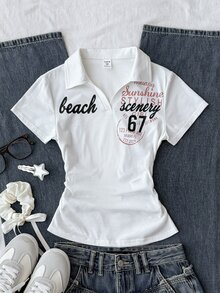 Tween Girl Printed Knit White Polo Collar Casual Short Sleeve T-Shirt - White - View 3