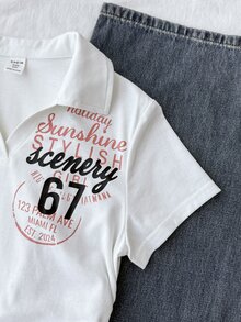 Tween Girl Printed Knit White Polo Collar Casual Short Sleeve T-Shirt - White - View 5