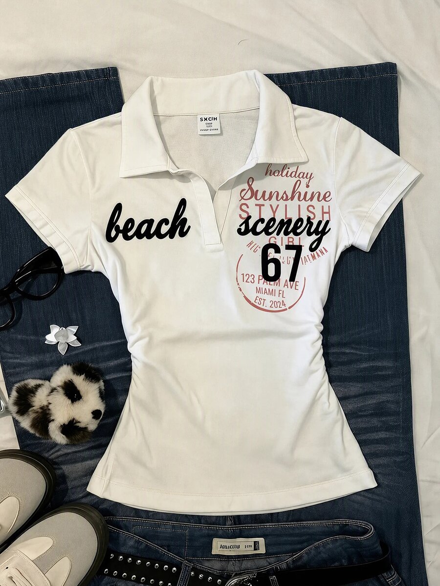 Tween Girl Printed Knit White Polo Collar Casual Short Sleeve T-Shirt - White - View 1