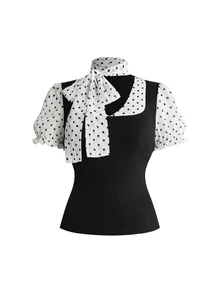 ROMWE Kaos Wanita Ukuran Besar Seksi Gaya Milenium Y2K dengan Motif Cetak Penuh, Lengan Mengembang, dan Desain Ruffle, Kerah 2 in 1. - Hitam - View 1
