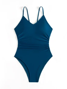 Swim Basics 女士纯色露背挂脖连体泳衣，适合海滩度假 - 水鴨藍 - 查看 4