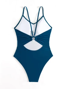Swim Basics 女士纯色露背挂脖连体泳衣，适合海滩度假 - 水鴨藍 - 查看 5
