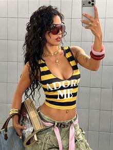 StreetHx 女款街頭休閒條紋字母印花背心 - 彩色 - 查看 6