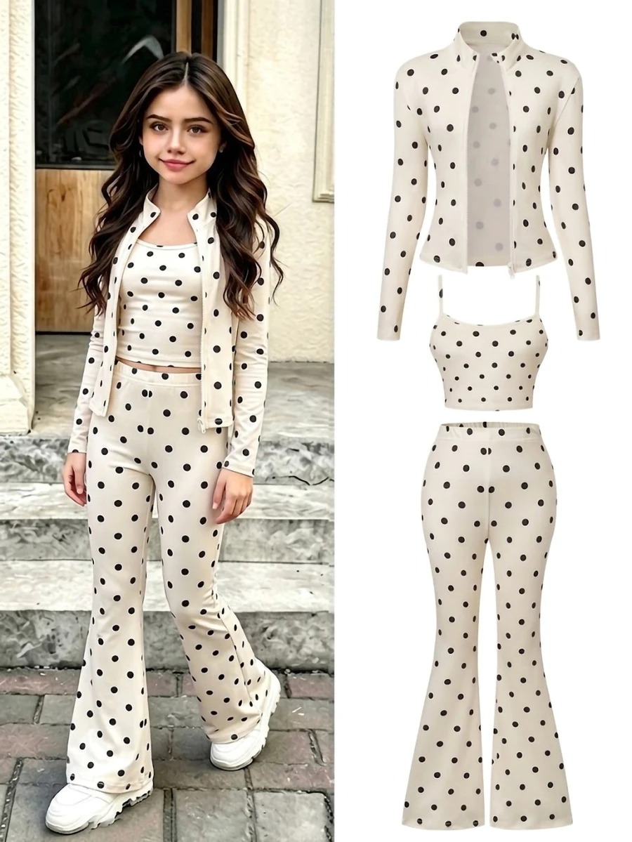 Girly Pink 3 Pieces Set! Stand Collar Jacket + Camisole + Flared Pants, Fall Outfits, Fall, One Set For Daily Outfits. Slim Fit Without Tightness - Multicolor - View 1