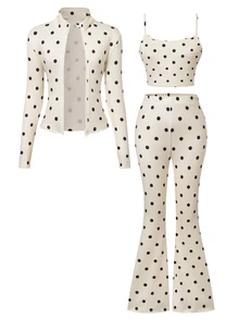 Girly Pink 3 Pieces Set! Stand Collar Jacket + Camisole + Flared Pants, Fall Outfits, Fall, One Set For Daily Outfits. Slim Fit Without Tightness - Multicolor - View 3
