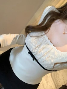 FRIFUL Contrast Lace Ruched Bust Bow Detail Blouse Brunch Tea Party White Floral Floral Autumn Romantic Elegant Cute Tops - Apricot - View 1