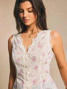 Poéselle 女士优雅米白色夏季度假碎花V领蕾丝拼接露背系带吊带背心，精致刺绣印花衬衫 - 白色 - 查看 6